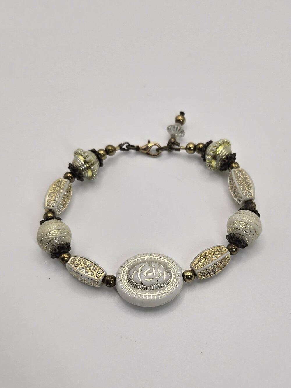 Gold And White Rose Bead Bracelet With Clasp Handmade Artisan Jewelry